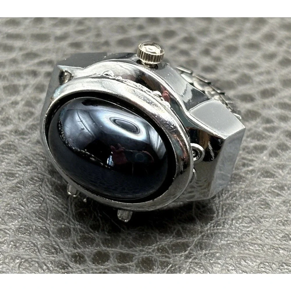 Bozhi Black Oval Resin Cabochon Watch Ring Adjustable Band NEEDS BATTERY